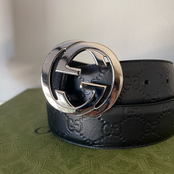 UNISEX GUCCI INTERLOCKING “G” BELT GUCCI SIZE 85 EMBOSSED LEATHER DOUBLE G LOGO - Picture 5 of 10